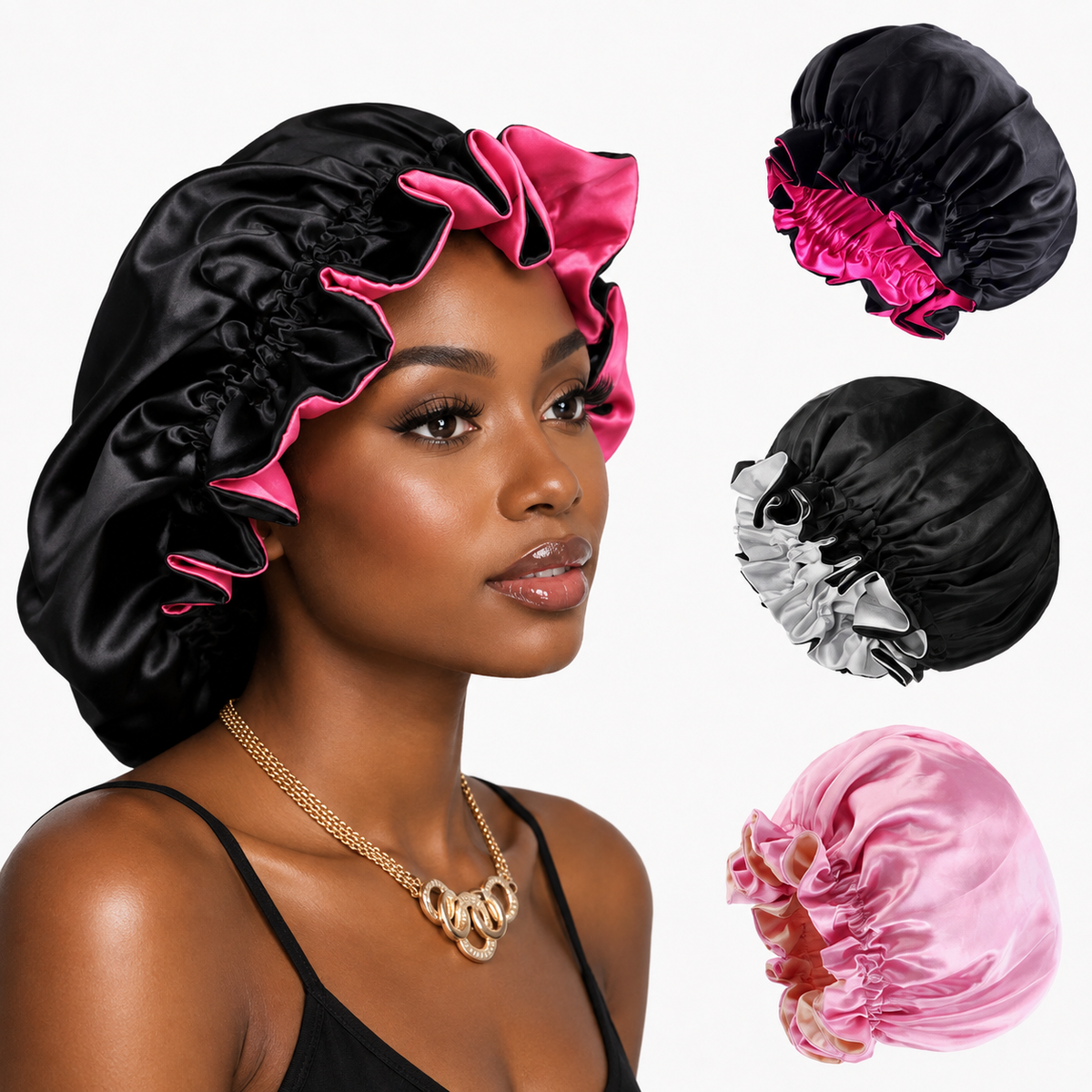 1pc Two Tone Satin Hat Silk Bonnet for Sleeping Satin Bonnets Double Layer Reversible Hair Cap Bonnet for Women Long Curly Braid